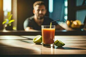 een Mens zittend Bij een tafel met een glas van sap. ai-gegenereerd foto