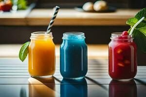 drie verschillend gekleurde smoothies in glas potten. ai-gegenereerd foto