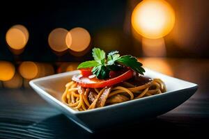 een bord van spaghetti met tomaat en basilicum Aan een tafel. ai-gegenereerd foto