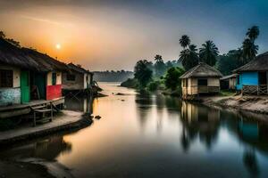 een rivier- met huizen en palm bomen Bij zonsondergang. ai-gegenereerd foto