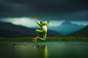 een kikker jumping in de lucht Aan een meer. ai-gegenereerd foto