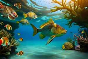 vis zwemmen in de oceaan met koraal riffen en andere vis. ai-gegenereerd foto