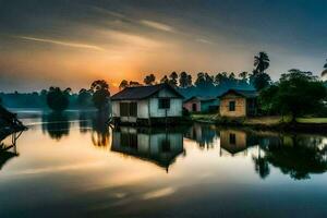 een huis Aan de water Bij zonsondergang. ai-gegenereerd foto