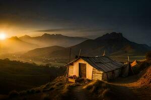 de zon stijgt over- een berg hut in de midden- van nergens. ai-gegenereerd foto