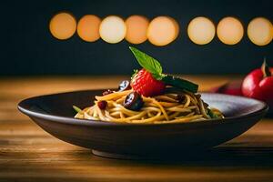 een kom van pasta met bessen en bladeren Aan een houten tafel. ai-gegenereerd foto