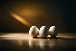 drie eieren Aan een tafel met een licht achter hen. ai-gegenereerd foto