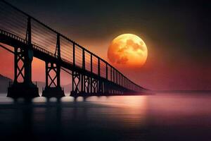 de maan stijgt over- een brug in voorkant van een vol maan. ai-gegenereerd foto