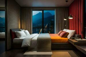 een slaapkamer met een visie van de bergen Bij nacht. ai-gegenereerd foto