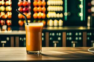 een glas van oranje sap zittend Aan een tafel. ai-gegenereerd foto