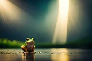 een kikker zittend Aan de grond in voorkant van een helder licht. ai-gegenereerd foto