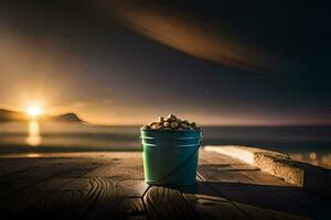 een emmer van noten Aan een houten tafel in voorkant van de oceaan. ai-gegenereerd foto