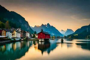 de mooi landschap van de Alpen Bij zonsondergang. ai-gegenereerd foto