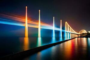 een lang blootstelling fotograaf van een brug Bij nacht. ai-gegenereerd foto