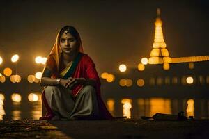 een vrouw in een sari zit Aan de grond Bij nacht. ai-gegenereerd foto