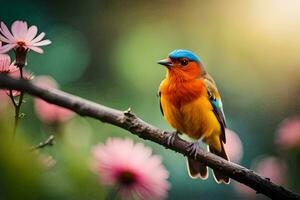 een kleurrijk vogel zit Aan een Afdeling met roze bloemen. ai-gegenereerd foto