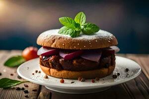 een Hamburger met uien en tomaten Aan een bord. ai-gegenereerd foto