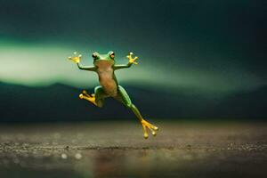 een kikker jumping in de lucht met haar poten verspreiding. ai-gegenereerd foto