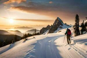 een persoon Aan skis is wandelen naar beneden een besneeuwd berg. ai-gegenereerd foto