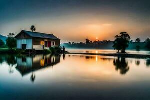 een huis Aan de water Bij zonsondergang. ai-gegenereerd foto