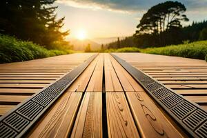 een houten loopbrug met een zon instelling achter het. ai-gegenereerd foto