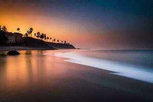 een strand Bij zonsondergang met palm bomen. ai-gegenereerd foto