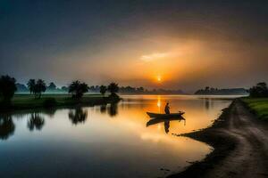 een Mens is staand Aan een boot in de midden- van een rivier- Bij zonsondergang. ai-gegenereerd foto