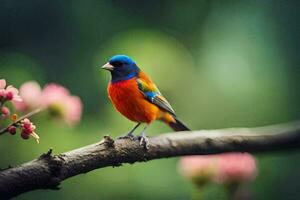 een kleurrijk vogel zit Aan een Afdeling met roze bloemen. ai-gegenereerd foto