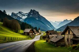 een weg in de bergen met een berg reeks in de achtergrond. ai-gegenereerd foto