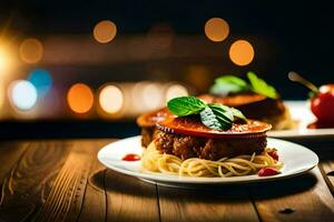 een bord van vlees en spaghetti met een kaars Aan de tafel. ai-gegenereerd foto