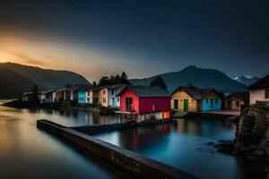 foto behang de lucht, water, bergen, huizen, de dorp, de meer, de zonsondergang. ai-gegenereerd