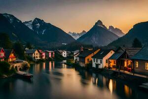 een rivier- loopt door een stad- Bij zonsondergang. ai-gegenereerd foto