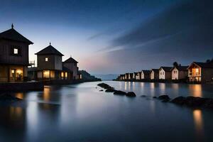 een rij van houten huizen Aan de kust van een meer. ai-gegenereerd foto