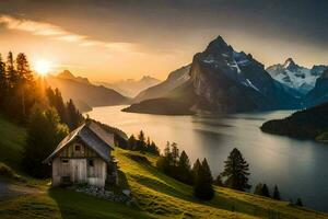 de zon stijgt over- de bergen en meer in deze mooi landschap. ai-gegenereerd foto