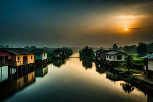 de zon sets over- een rivier- in een dorp. ai-gegenereerd foto