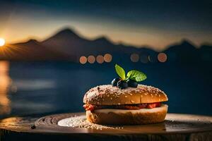 foto behang voedsel, de zon, voedsel, Hamburger, de zee, meer, bergen,. ai-gegenereerd