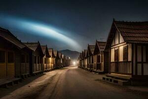een lang rij van houten huizen Bij nacht. ai-gegenereerd foto