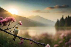 foto behang de lucht, bloemen, vogel, meer, bergen, zonsondergang, zonsopkomst, natuur,. ai-gegenereerd