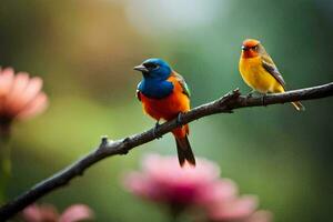 twee kleurrijk vogelstand zittend Aan een Afdeling. ai-gegenereerd foto