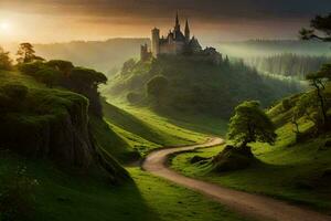 een kasteel zit Aan een heuvel met uitzicht een groen vallei. ai-gegenereerd foto
