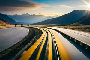 een lang blootstelling fotograaf van een snelweg met bergen in de achtergrond. ai-gegenereerd foto