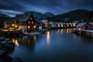 foto behang de lucht, nacht, bergen, water, huizen, de dorp, de meer,. ai-gegenereerd