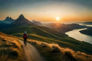 de zon stijgt over- de meer. ai-gegenereerd foto