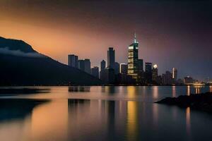 de stad horizon Bij schemer in hong kong. ai-gegenereerd foto