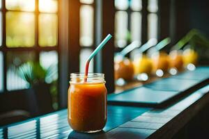 oranje sap in een glas pot Aan een tafel. ai-gegenereerd foto