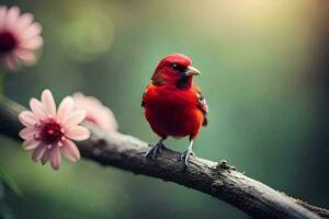 een rood vogel is neergestreken Aan een Afdeling met roze bloemen. ai-gegenereerd foto