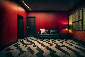 een kamer met rood muren en zwart meubilair. ai-gegenereerd foto