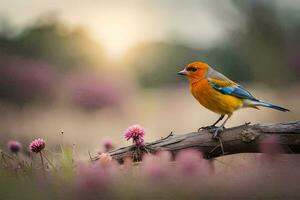 een kleurrijk vogel zit Aan een Afdeling in een veld. ai-gegenereerd foto