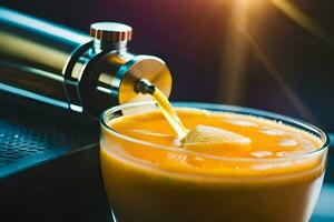 een persoon giet oranje sap in een glas. ai-gegenereerd foto