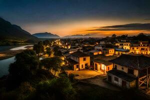 foto behang de lucht, bergen, rivier, dorp, zonsondergang, de dorp, de dorp,. ai-gegenereerd