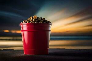 een rood emmer gevulde met noten Aan de strand. ai-gegenereerd foto